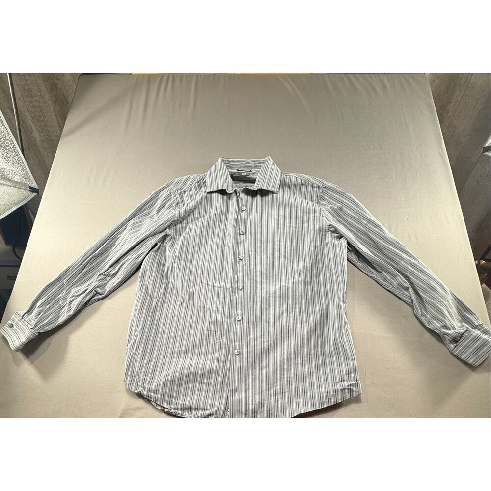 Kenneth Cole Reaction Slim Fit Dress Shirt Mens Gray Striped 16-1/2 32-33